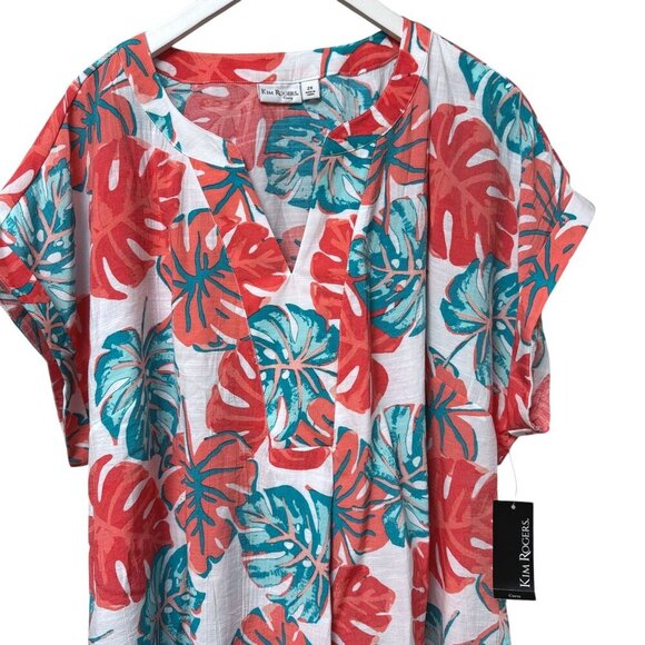Kim Rogers Top Plus Size 2X Tropical Leaf Coral Turquoise Short Sleeve Tunic - Picture 3 of 9
